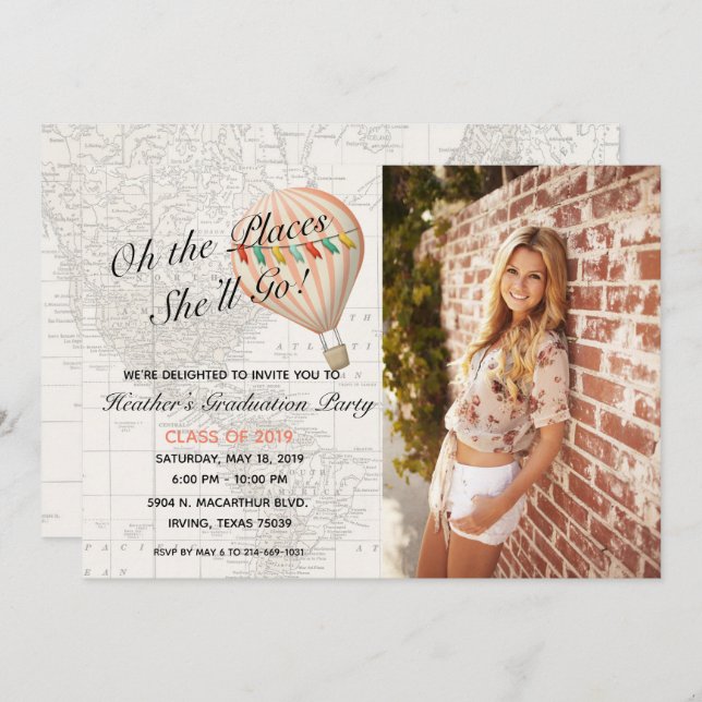 Hot Air Balloon Girl Graduation Invitation (Front/Back)