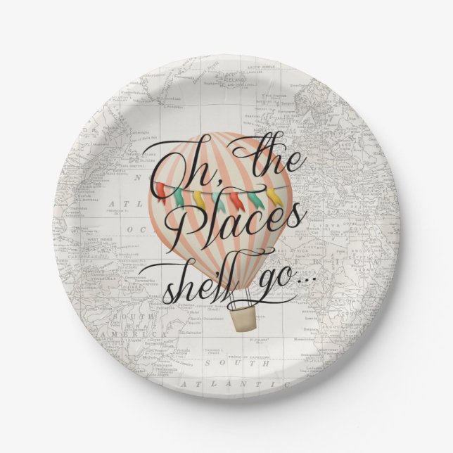 Hot Air Balloon Girl Map Oh the Places she'll Go Paper Plate (Front)