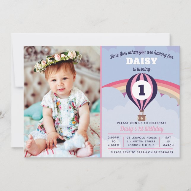 Hot Air Balloon Girls 1st birthday invitation (Front)