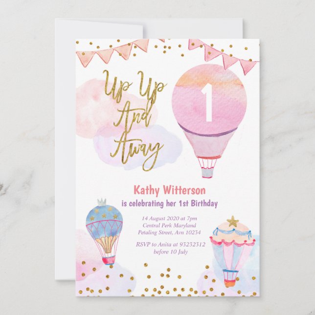 Hot Air Balloon Glitter Girl Baby Shower Invitation (Front)