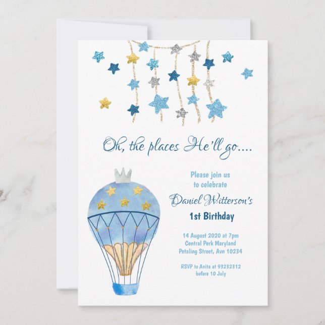Hot Air Balloon Glitter Star Birthday for Boys Invitation (Front)