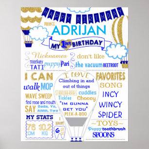 Hot air balloon gold and blue birthday sign poster