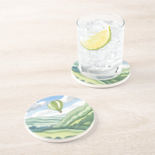 Hot Air Balloon Green Watercolor Landscape Coaster