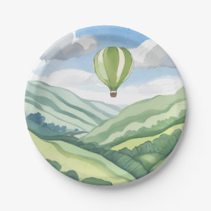 Hot Air Balloon   Green Watercolor Landscape Paper Plate