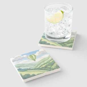 Hot Air Balloon Green Watercolor Landscape Stone Coaster