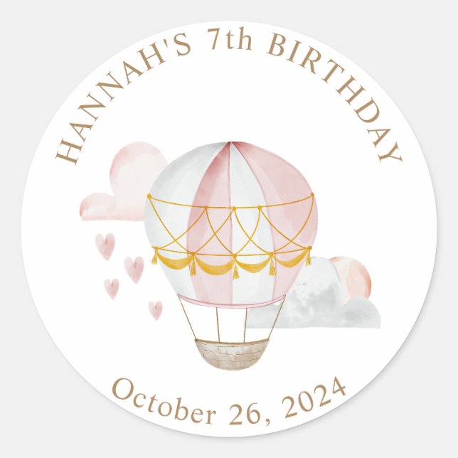 Hot Air Balloon Hearts Birthday Classic Round Classic Round Sticker (Front)