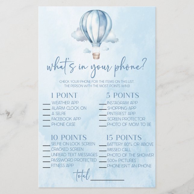 Hot Air Balloon In Your Phone Baby Shower Game (Front)