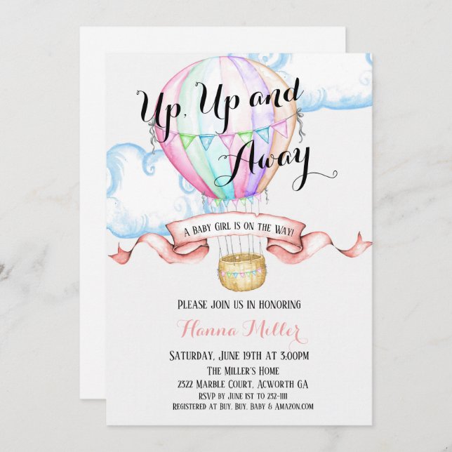 Hot Air Balloon Invitation Baby Girl Shower (Front/Back)