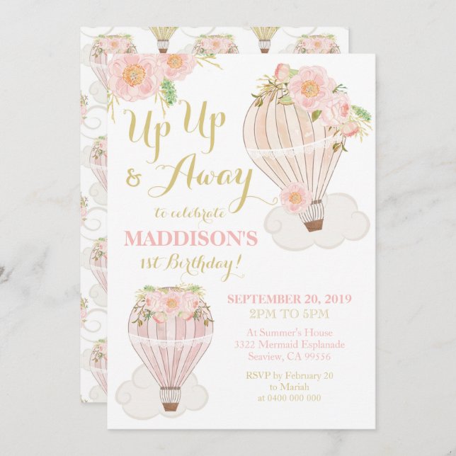 Hot Air Balloon Invitation Girl 1st Birthday (Front/Back)