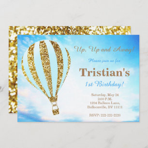Hot air balloon invitation in blue and gold