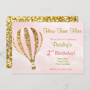 Hot air balloon invitation in pink and gold