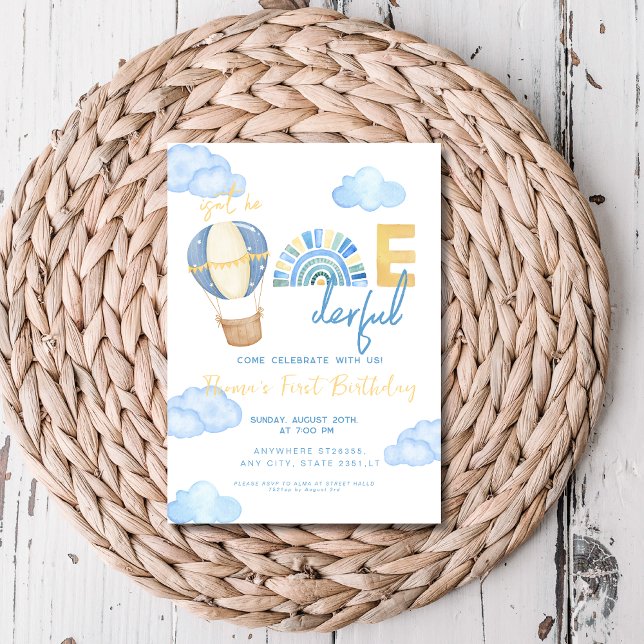 Hot Air Balloon Isn't he Onederful 1st Birthday  Invitation (Creator Uploaded)