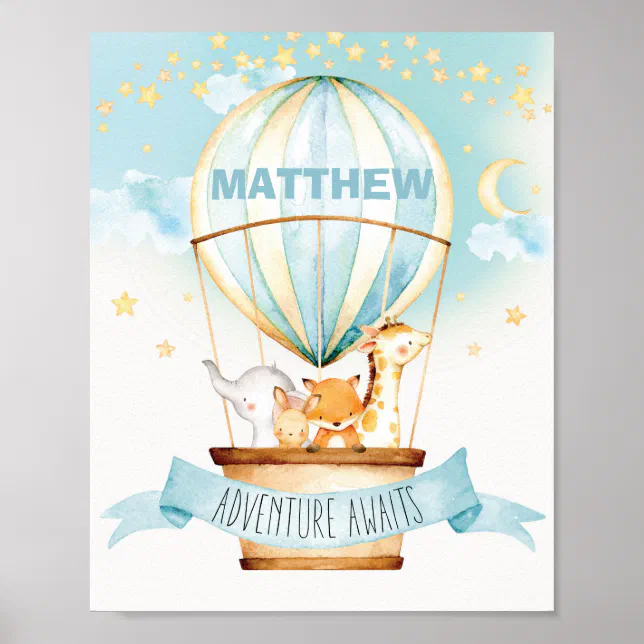 Hot Air Balloon Jungle Animals Boy with Name Wall Poster | Zazzle