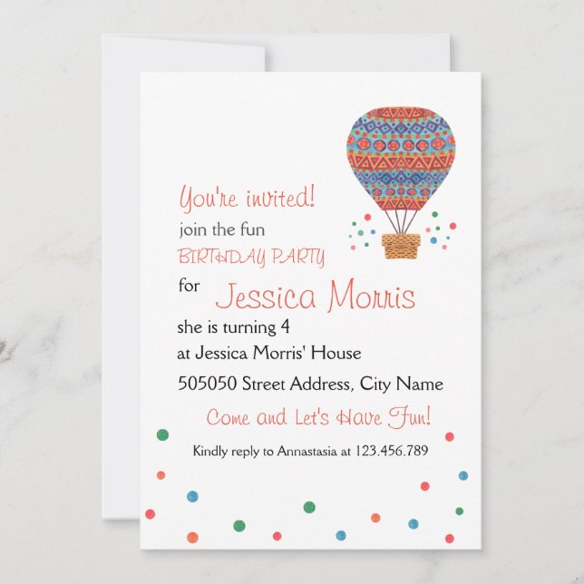 Hot Air Balloon Kids Birthday Party Invitation (Front)