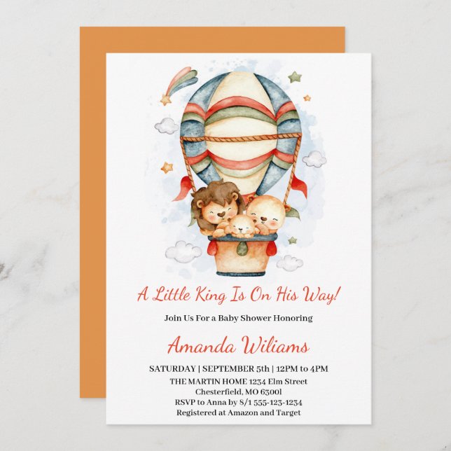 Hot Air Balloon Little King Lion Baby Shower Invitation (Front/Back)