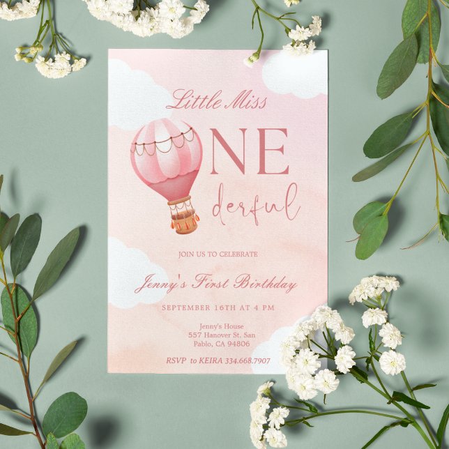 Hot Air Balloon Little Miss Onederful 1st Birthday Invitation (Creator Uploaded)