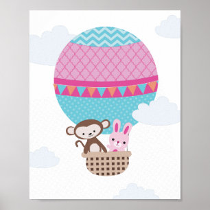Hot Air Balloon Monkey and Bunny Nursery Art Poster