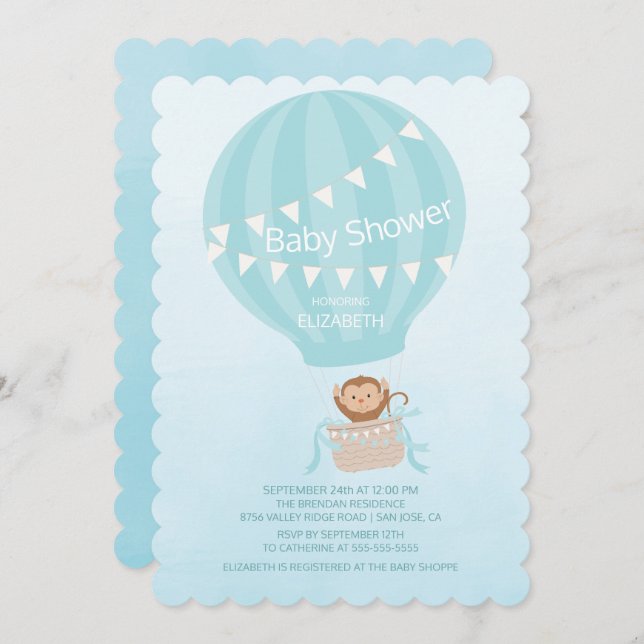 Hot Air Balloon Monkey Boys Baby Shower Invitation (Front/Back)