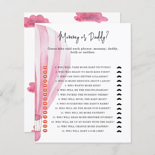 Hot air balloon - mummy or daddy baby shower game (Front/Back)