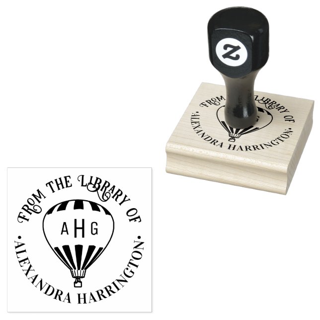  Hot Air Balloon Name 3 Initial Library Book Rubber Stamp (Stamped)