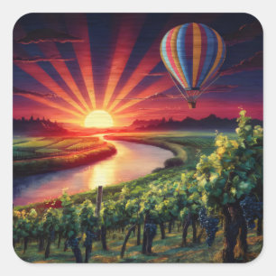 Hot Air balloon over river and vineyard Square Sticker