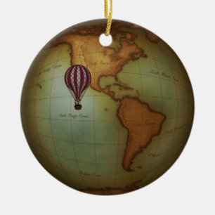 Hot Air Balloon Over Western Hemisphere Map Custom Ceramic Ornament