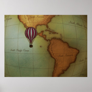 Hot Air Balloon Over Western Hemisphere Map Medium Poster