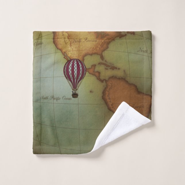 Hot Air Balloon Over Western Hemisphere Map Wash Cloth (Wash Cloth)