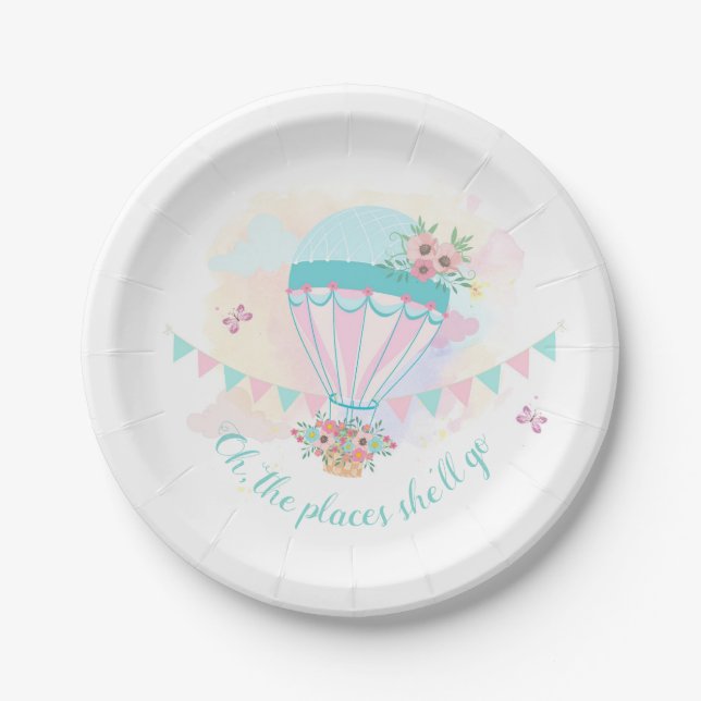 Hot Air Balloon Paper Plates / Pink Mint Floral (Front)