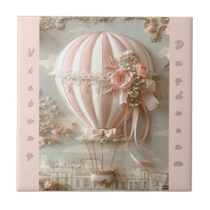 Hot Air Balloon Parisian Soft Pink Customisable  Ceramic Tile