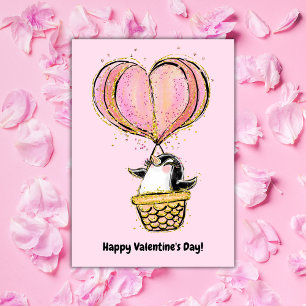 Hot Air Balloon Penguin Happy Valentine's Day Card