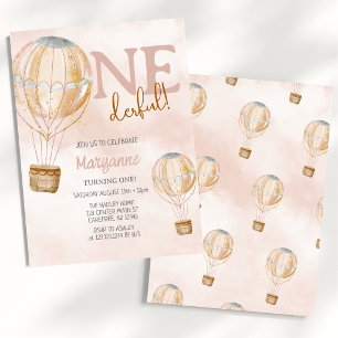 Hot Air Balloon Pink Boho 1st Birthday Invitation