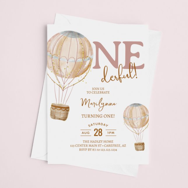 Hot Air Balloon Pink Boho 1st Birthday Invitation (Creator Uploaded)