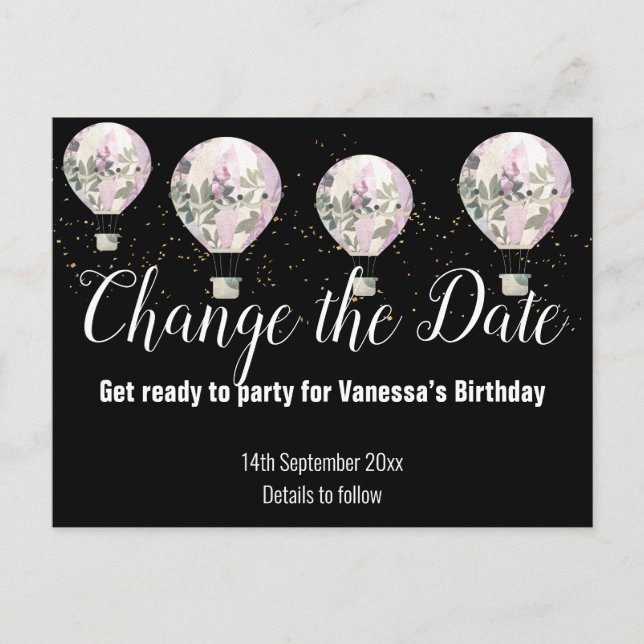 Hot Air Balloon Pink Change the Date Black Announcement Postcard (Front)