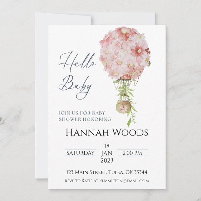 Hot Air Balloon Pink Floral Baby Shower Invitation (Front)