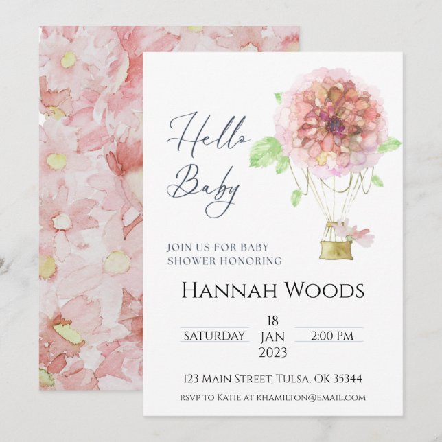Hot Air Balloon Pink Floral Baby Shower Invitation (Front/Back)