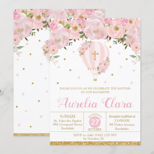 Hot Air Balloon Pink Floral Baptism Christening Invitation