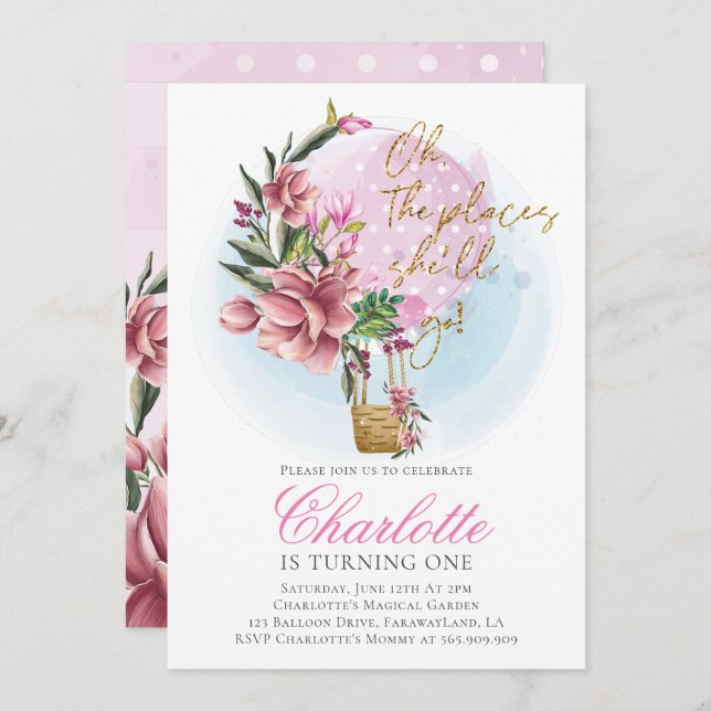 Hot Air Balloon Pink Floral First Birthday Invitation (Front/Back)