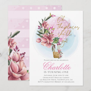 Hot Air Balloon Pink Floral First Birthday Invitation
