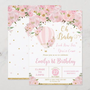Hot Air Balloon Pink Floral Flowers 1st Birthday  Invitation