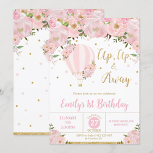 Hot Air Balloon Pink Floral Flowers 1st Birthday Invitation