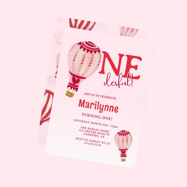 Hot Air Balloon Pink Red 1st Birthday Invitation (Creator Uploaded)
