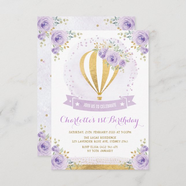Hot Air Balloon Purple Gold Floral 1st Birthday Invitation (Front/Back)