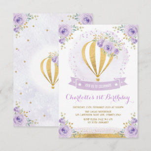 Hot Air Balloon Purple Gold Floral 1st Birthday Invitation