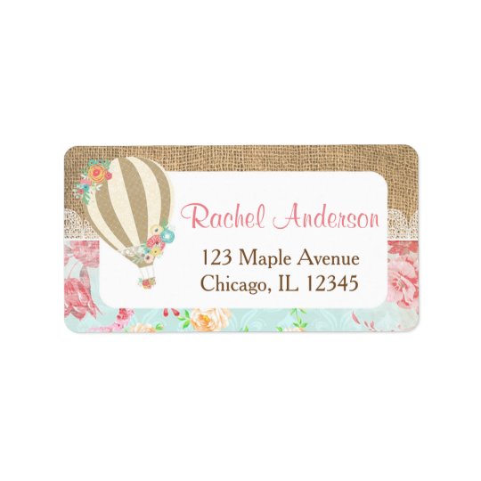 Hot air balloon return address labels, burlap lace address label