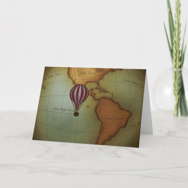 Hot Air Balloon Ride Over Western Hemisphere Map Card (Front)