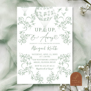 Hot Air Balloon Sage Green Toile Baby Shower Invitation