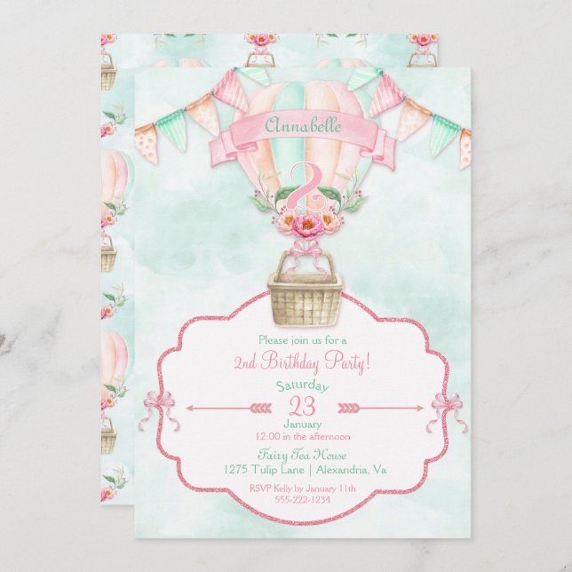 Hot Air Balloon Second Birthday Pink Mint Peach Invitation (Front/Back)
