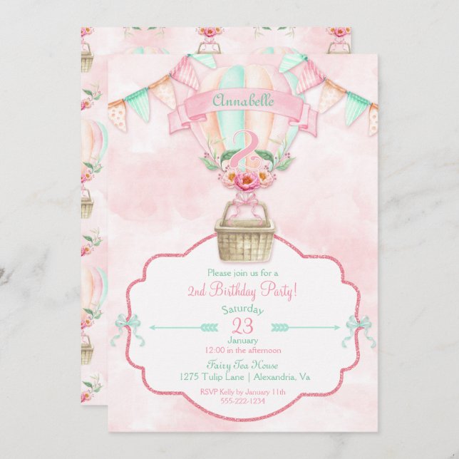 Hot Air Balloon Second Birthday Pink Mint Peach Invitation (Front/Back)