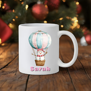 Hot Air Balloon Snowman Custom Name Christmas Coffee Mug